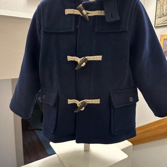 GAP barrel button winter coat, navy blue with red plaid in hood.  Size 5 - Picture 2 of 5